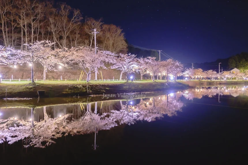 平筒沼の夜桜ライトアップ 幻想的で美しい風景