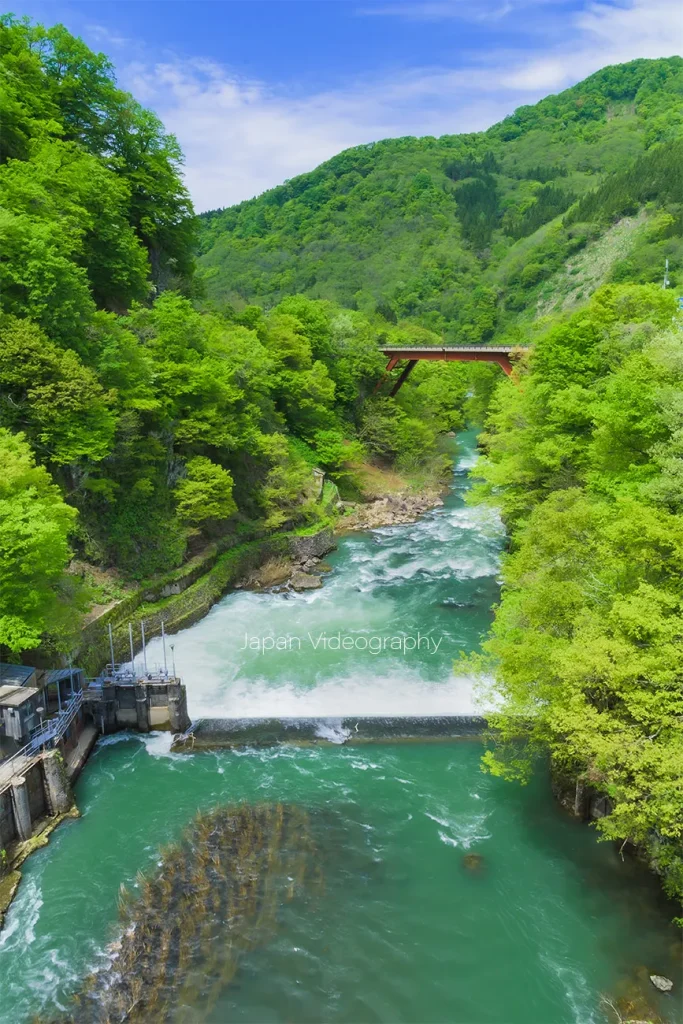 山形県道の駅月山梵字川と新緑の風景